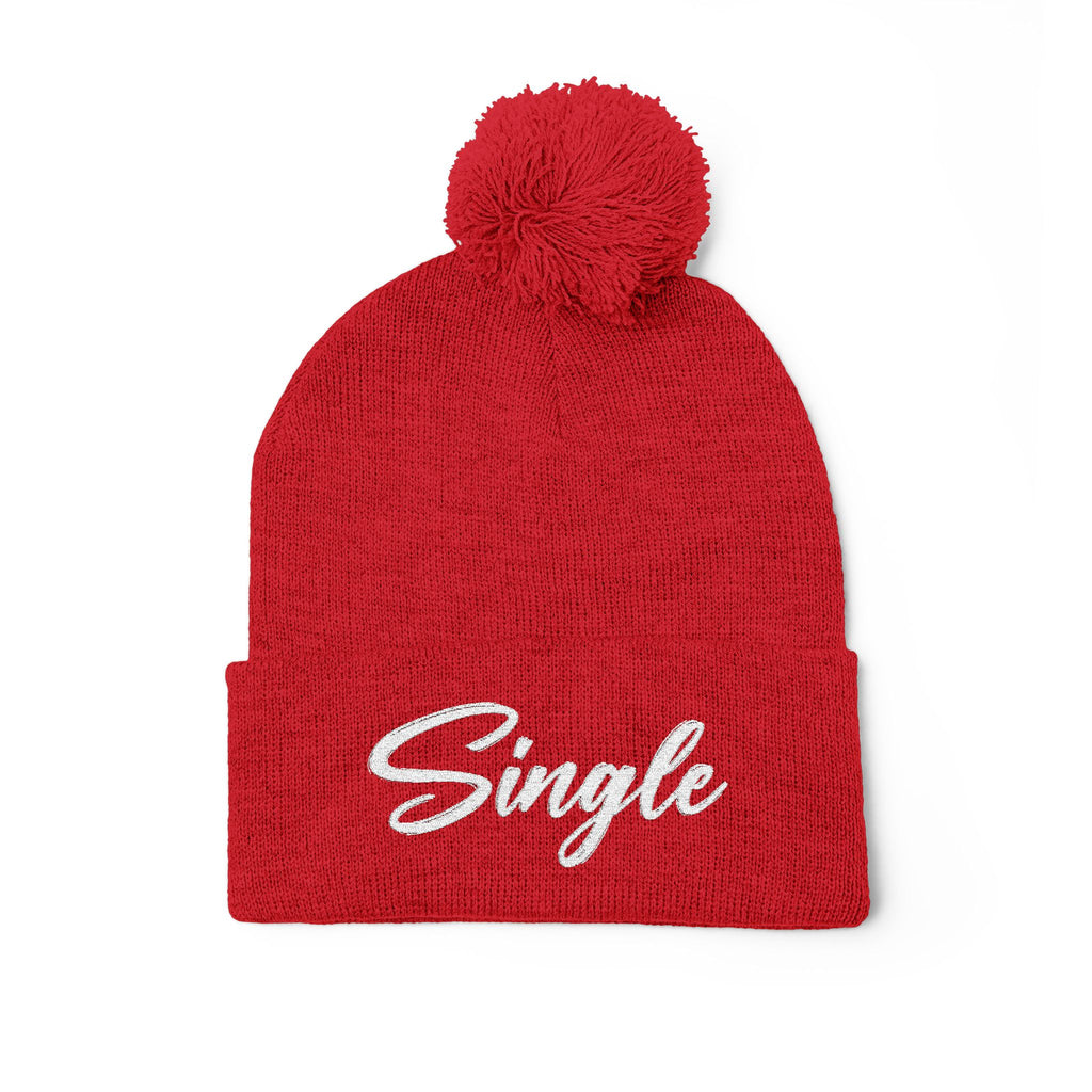 Embroidered Pom-Pom Knit Cap — "Let the World Know You're Single"