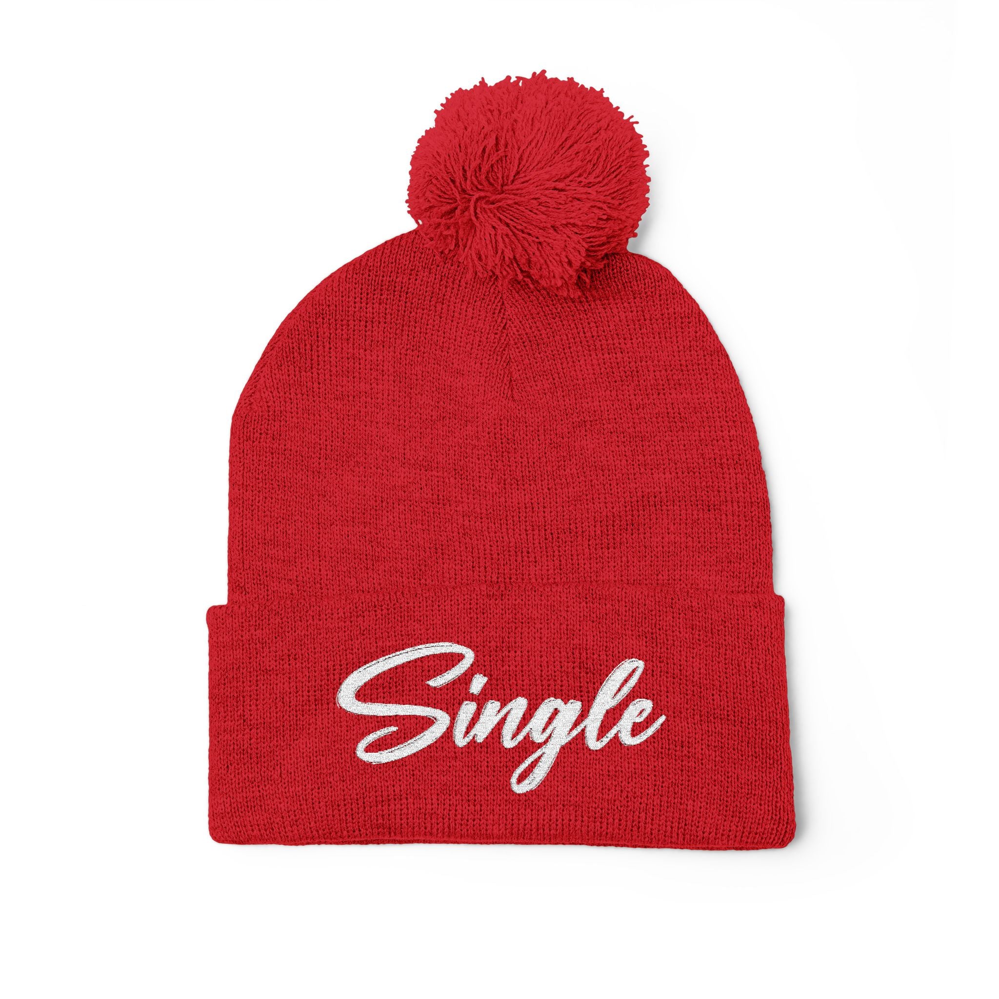 Embroidered Pom-Pom Knit Cap — "Let the World Know You're Single"