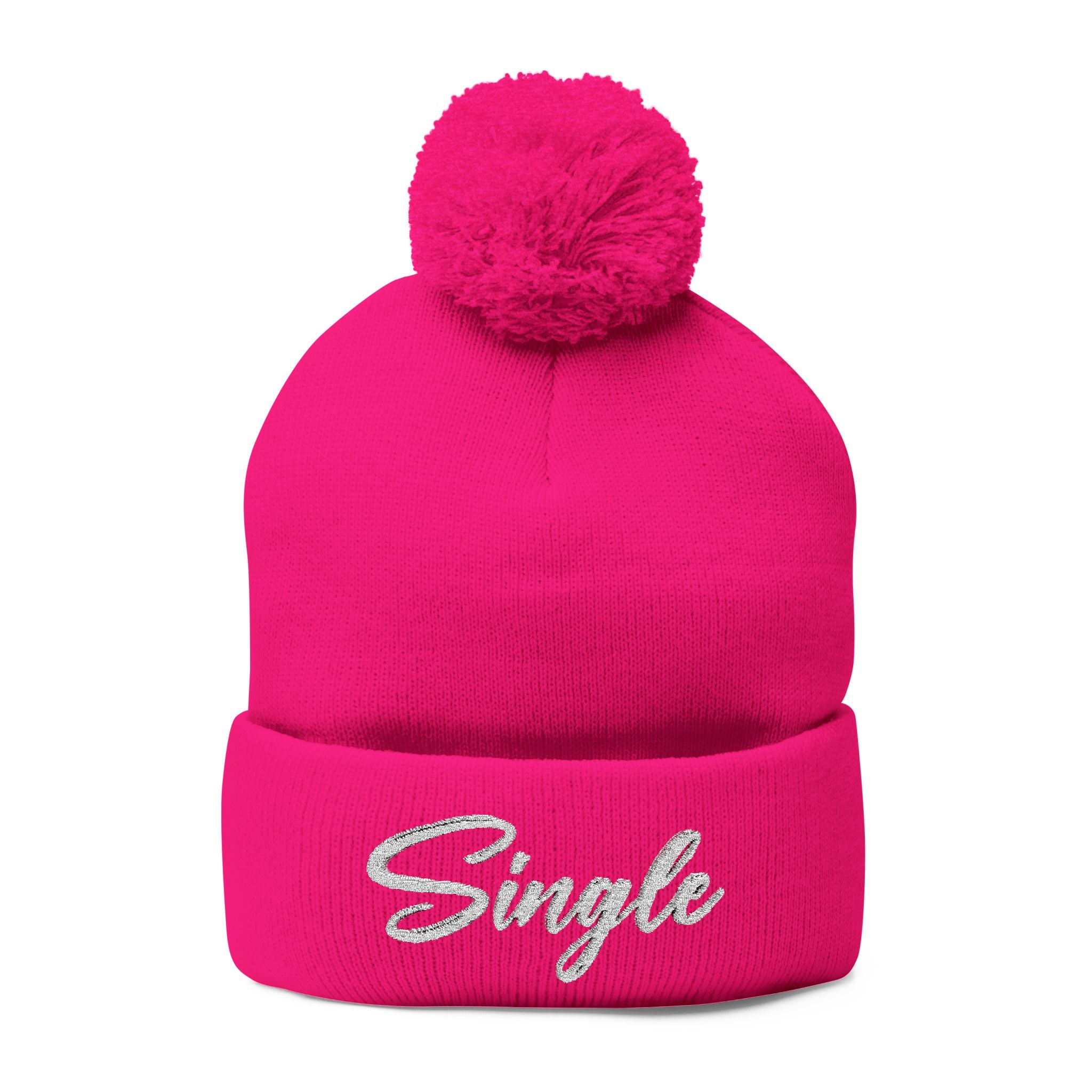 Embroidered Pom-Pom Knit Cap — "Let the World Know You're Single"