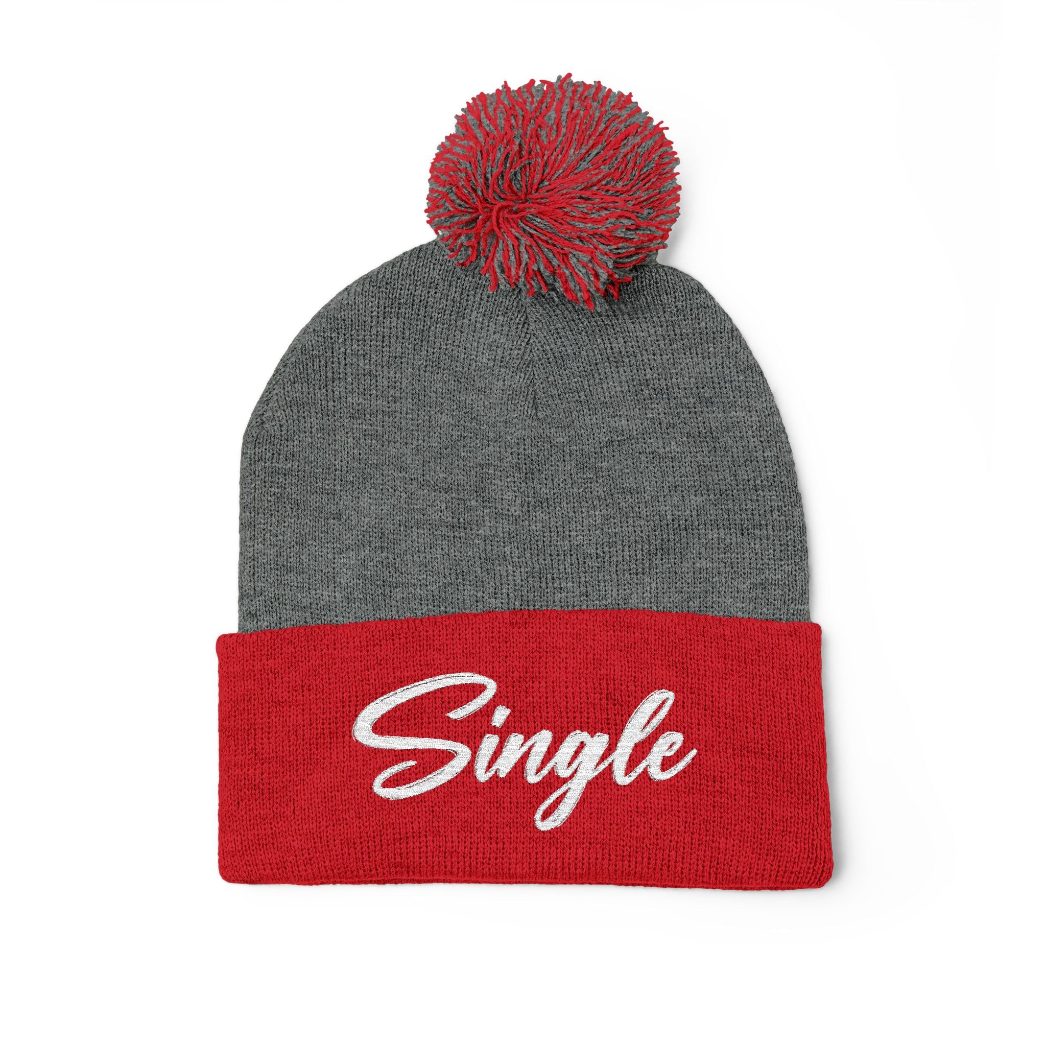 Embroidered Pom-Pom Knit Cap — "Let the World Know You're Single"