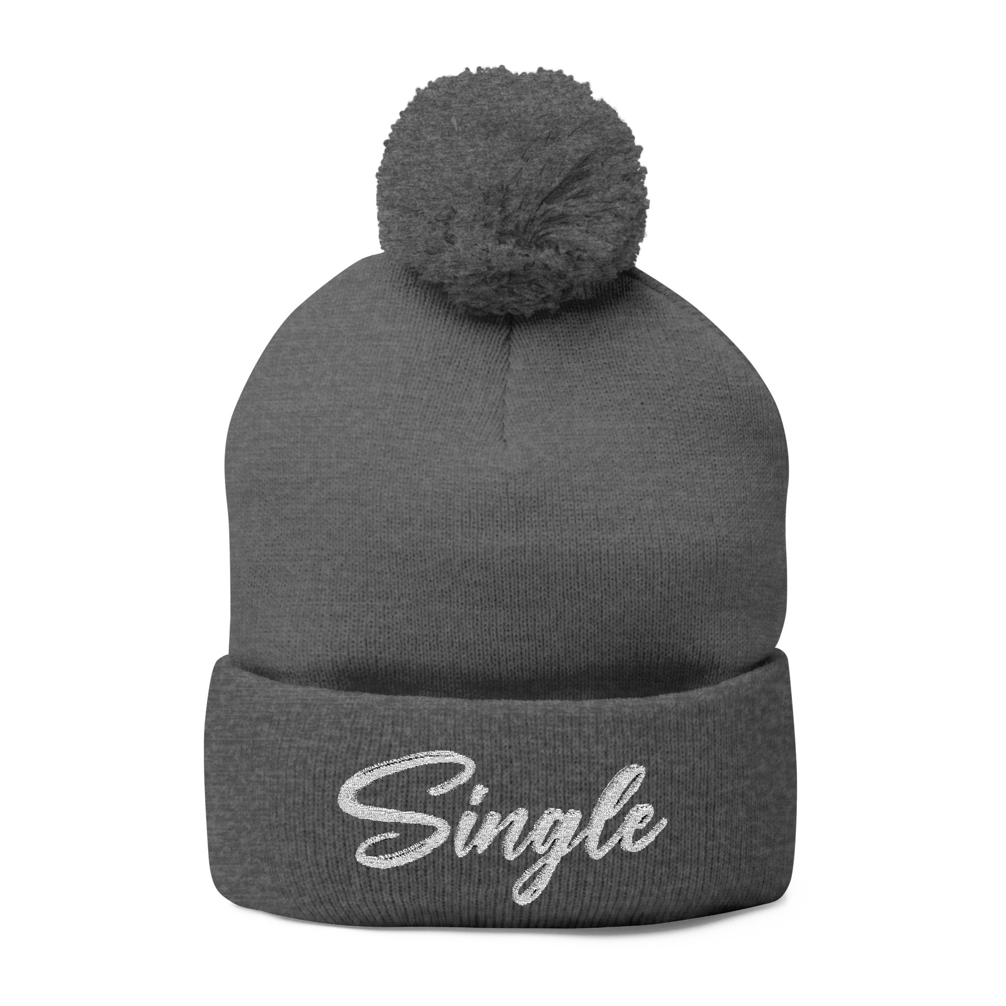 Embroidered Pom-Pom Knit Cap — "Let the World Know You're Single"