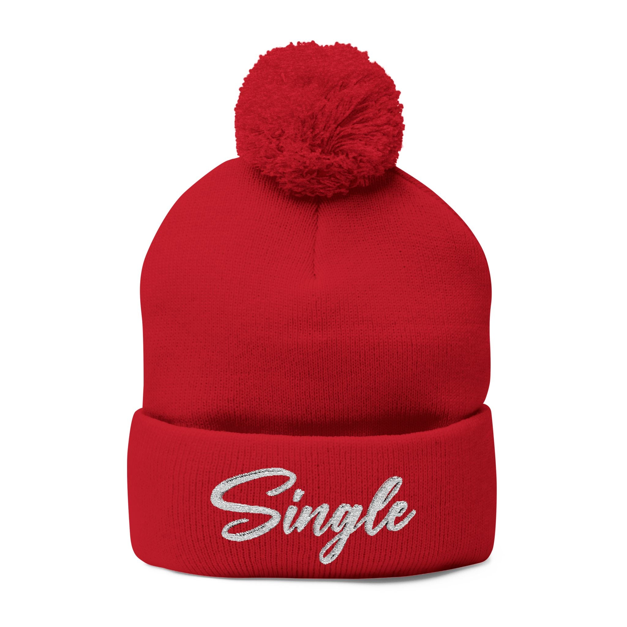 Embroidered Pom-Pom Knit Cap — "Let the World Know You're Single"