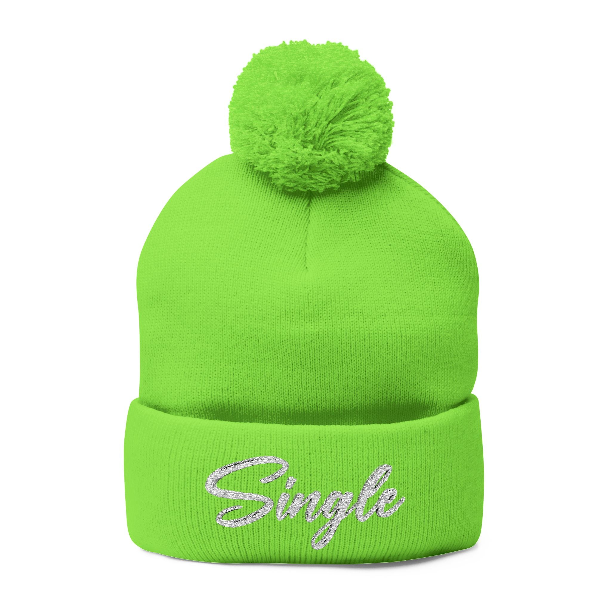 Embroidered Pom-Pom Knit Cap — "Let the World Know You're Single"