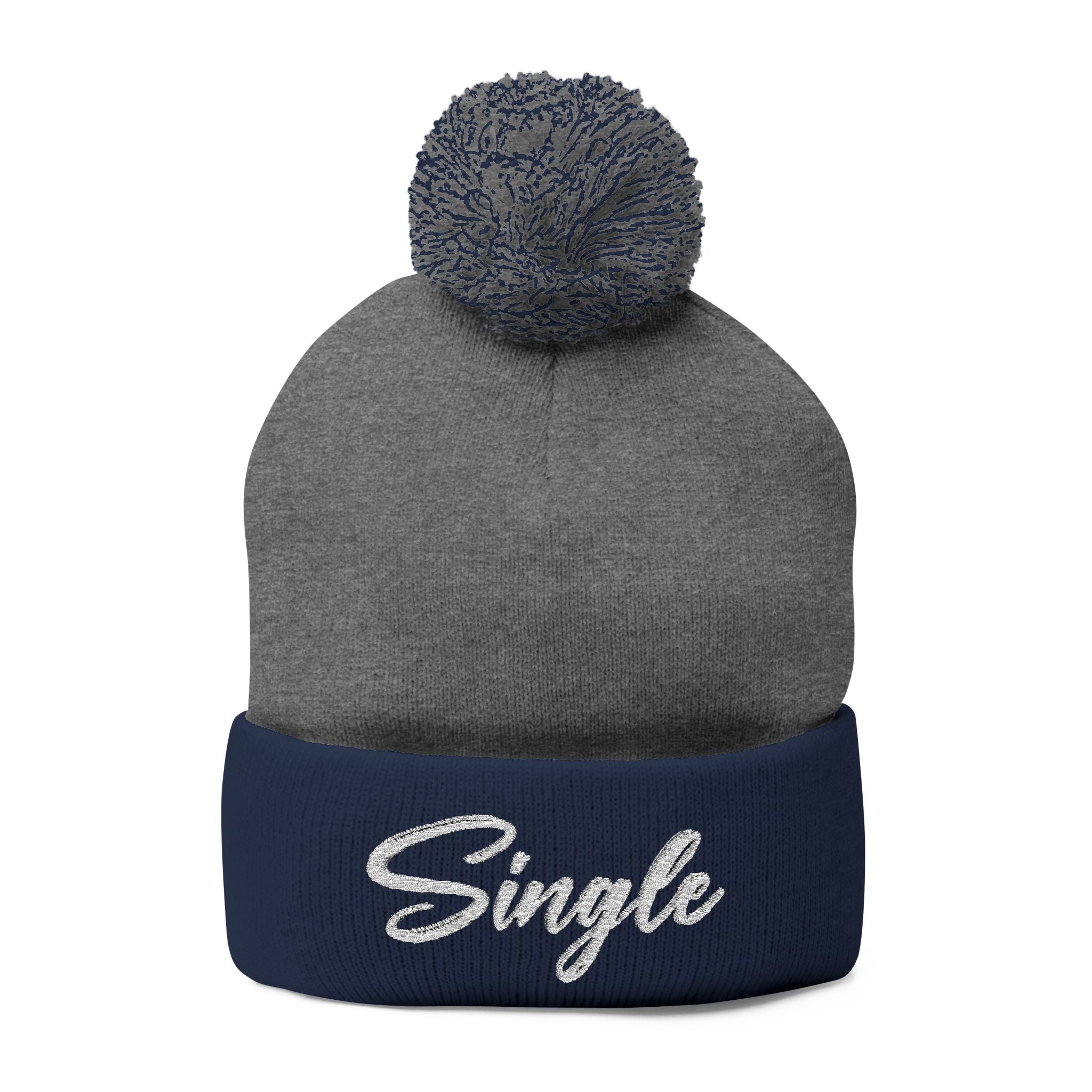 Embroidered Pom-Pom Knit Cap — "Let the World Know You're Single"