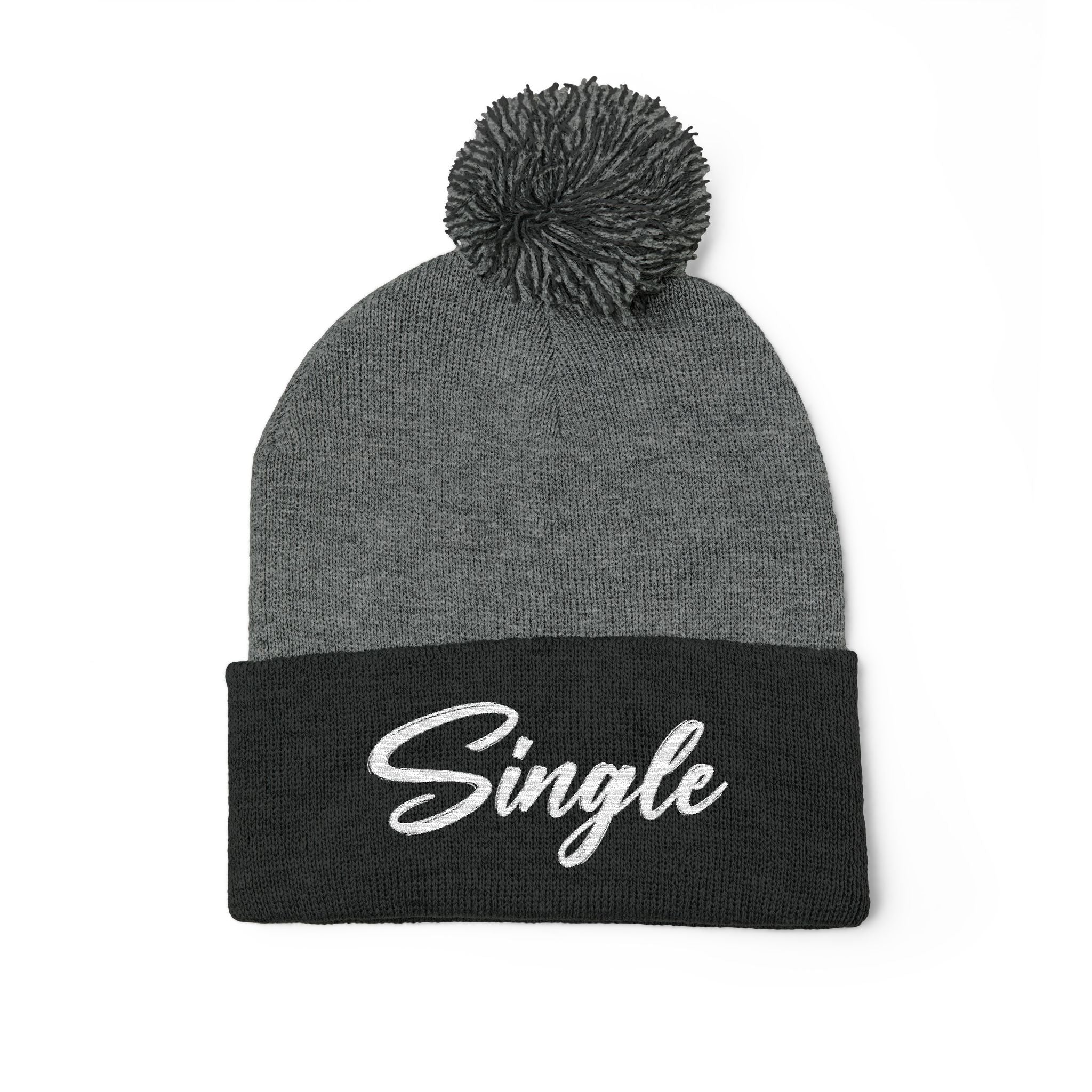 Embroidered Pom-Pom Knit Cap — "Let the World Know You're Single"