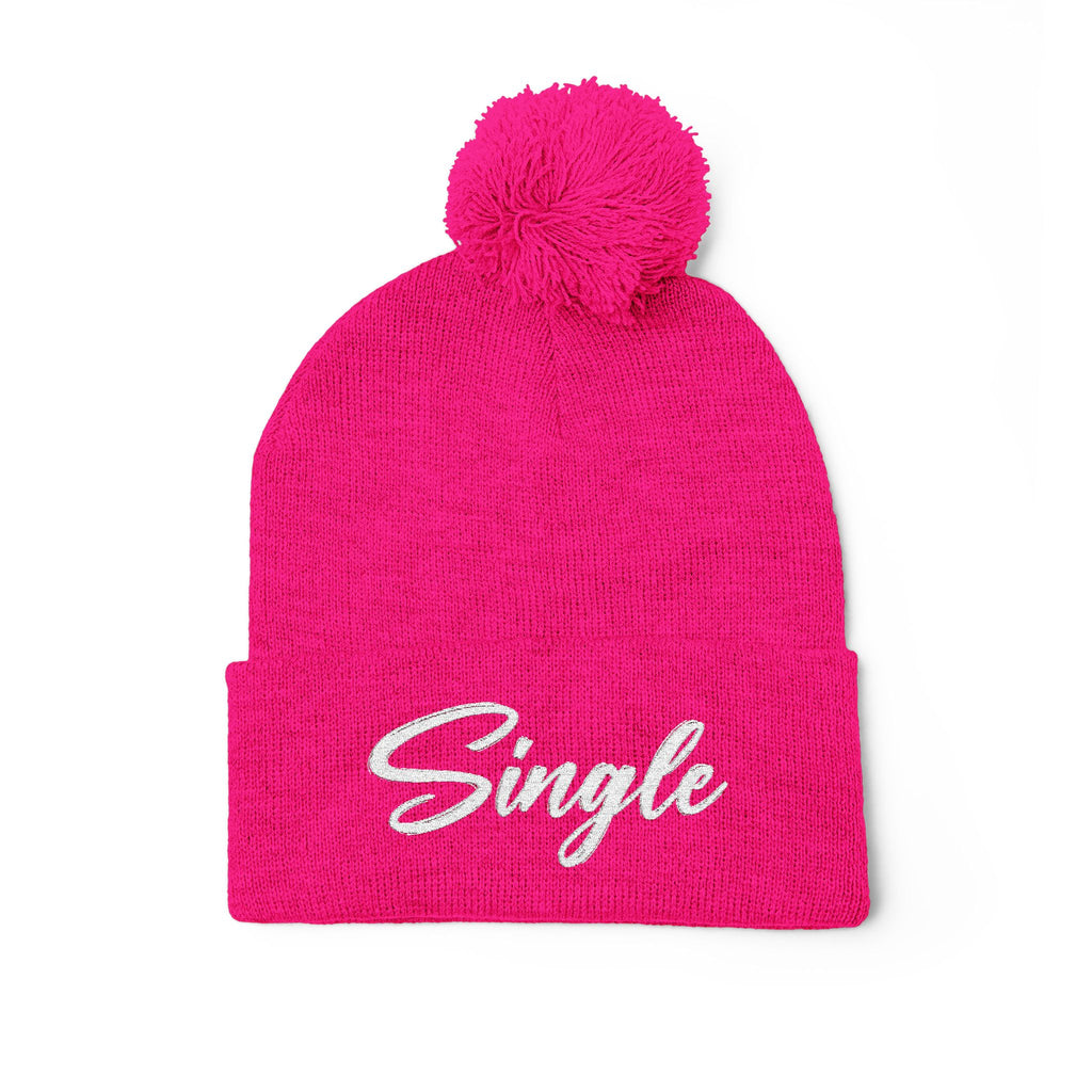 Embroidered Pom-Pom Knit Cap — "Let the World Know You're Single"