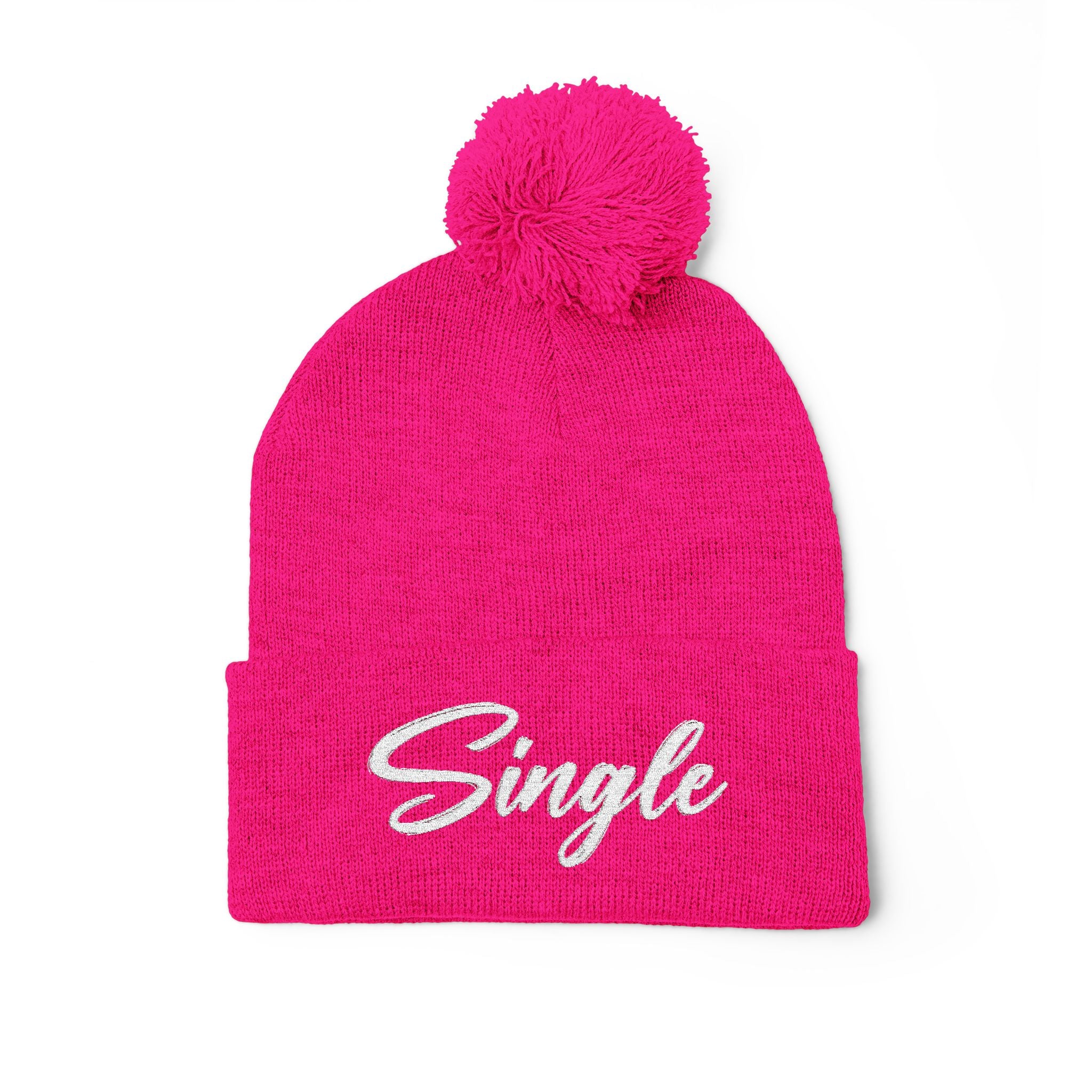 Embroidered Pom-Pom Knit Cap — "Let the World Know You're Single"