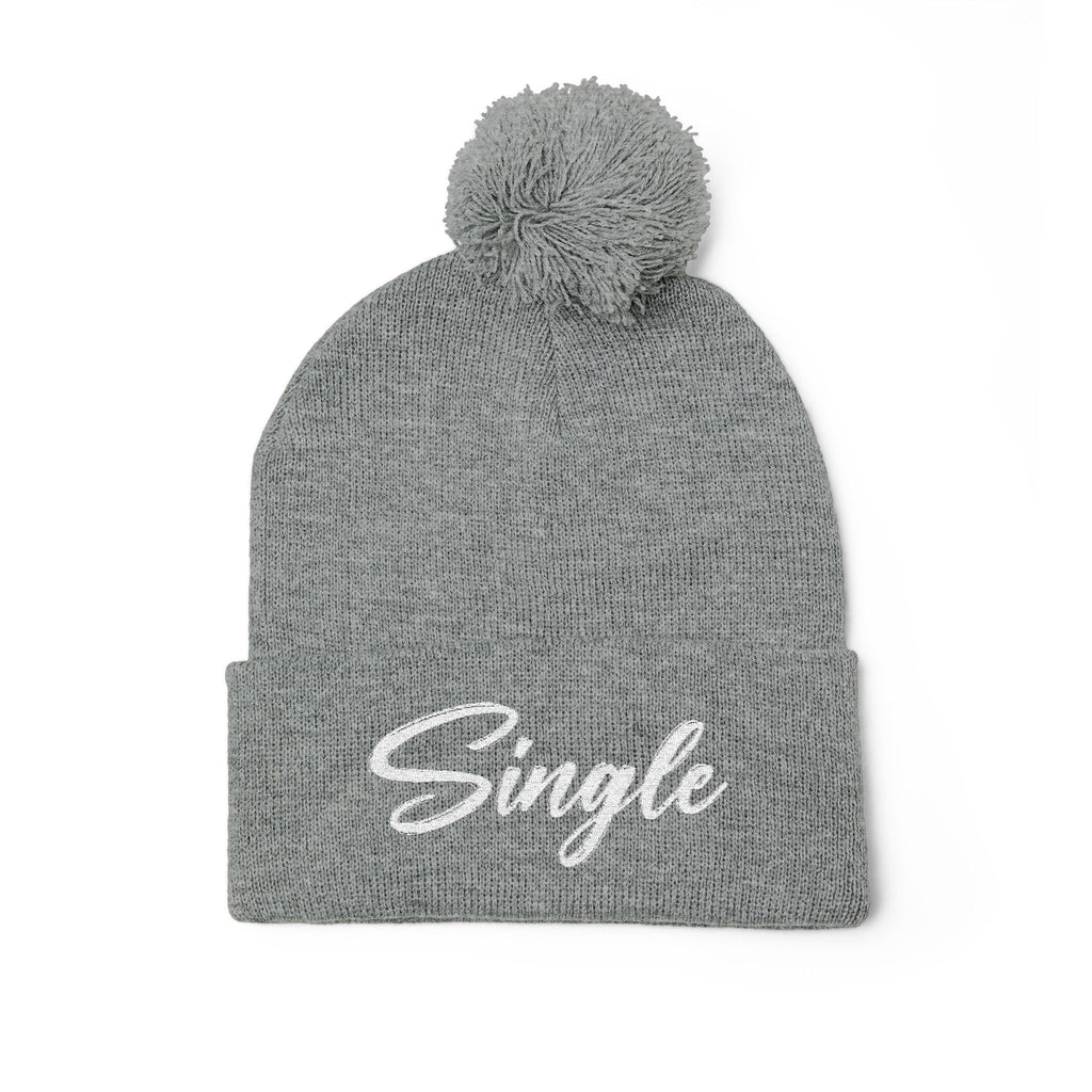 Embroidered Pom-Pom Knit Cap — "Let the World Know You're Single"