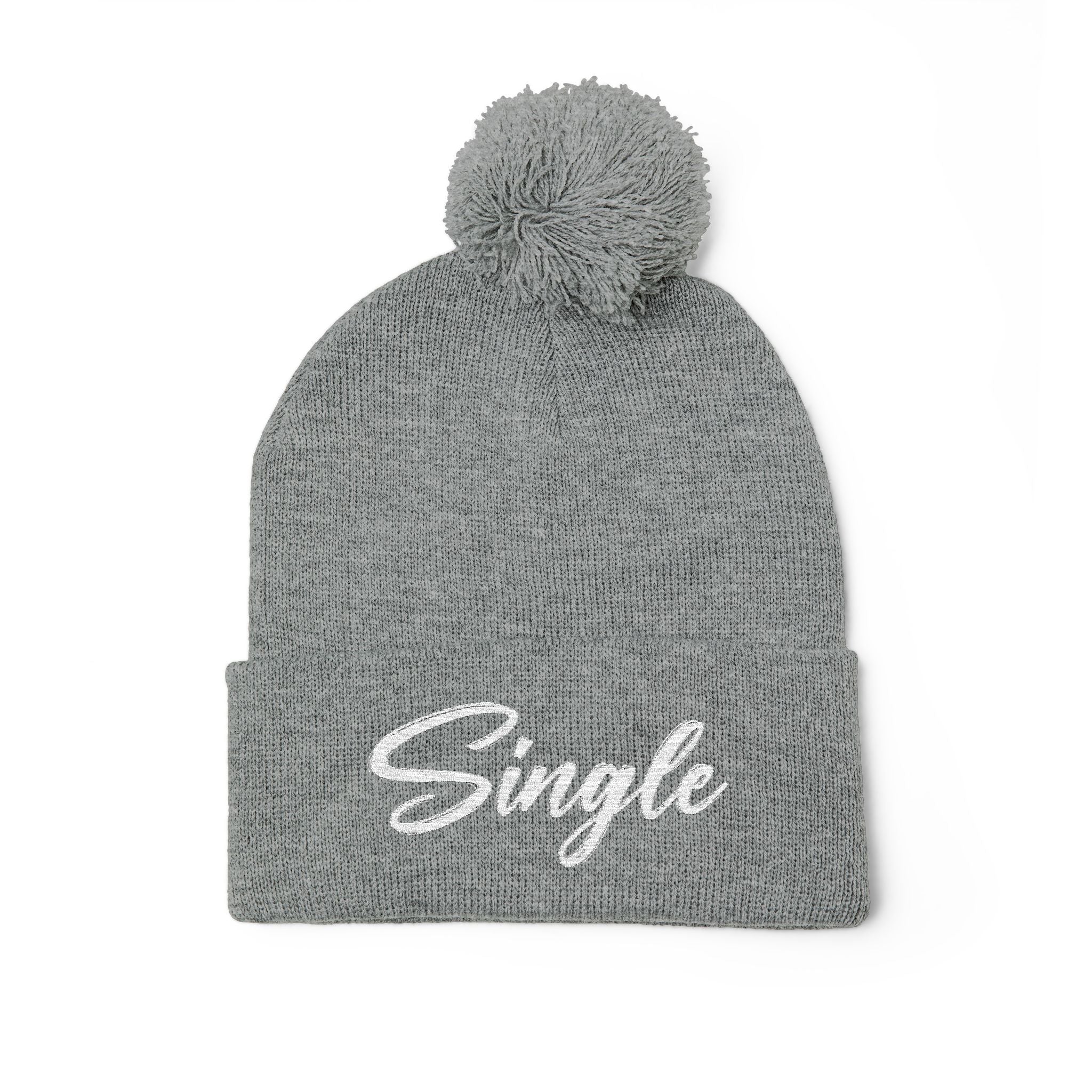 Embroidered Pom-Pom Knit Cap — "Let the World Know You're Single"