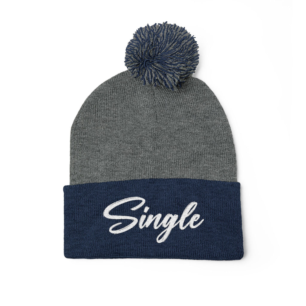 Embroidered Pom-Pom Knit Cap — "Let the World Know You're Single"