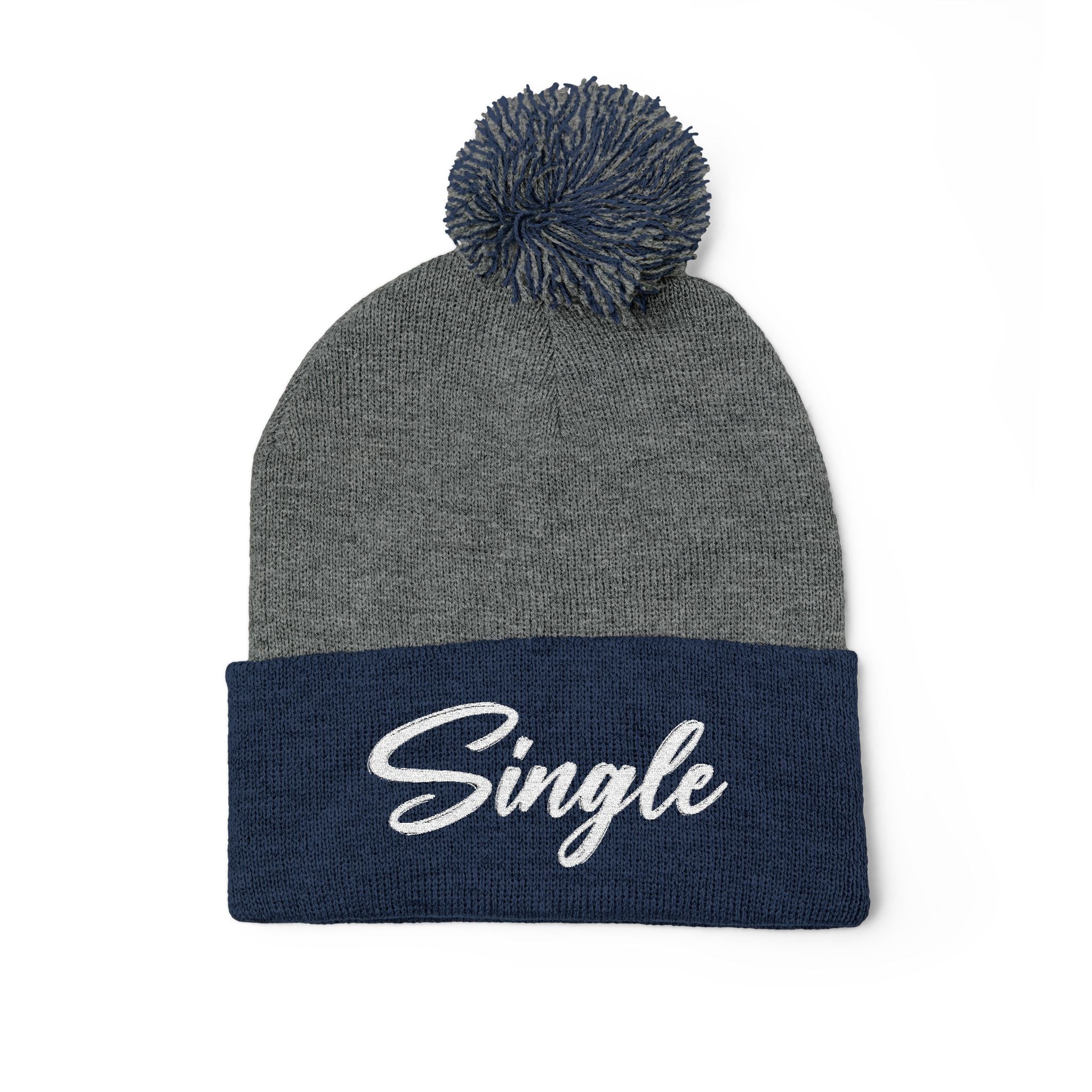Embroidered Pom-Pom Knit Cap — "Let the World Know You're Single"