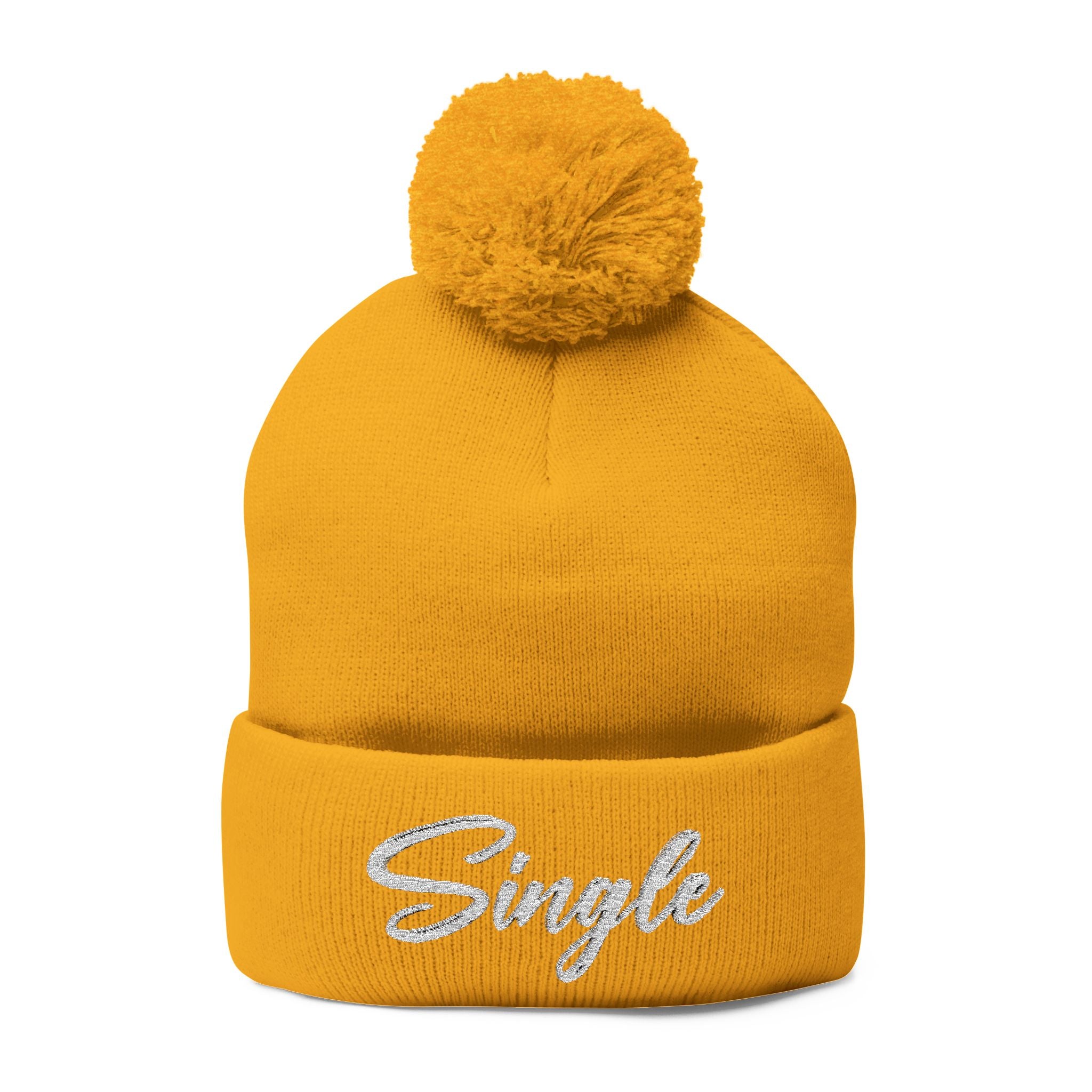 Embroidered Pom-Pom Knit Cap — "Let the World Know You're Single"