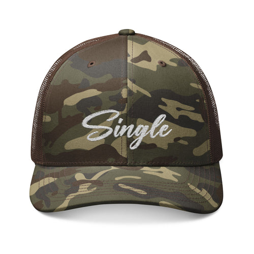 Camouflage Trucker Hat — 'Single and Hunting' Embroidered Cap for Camping & Outdoors