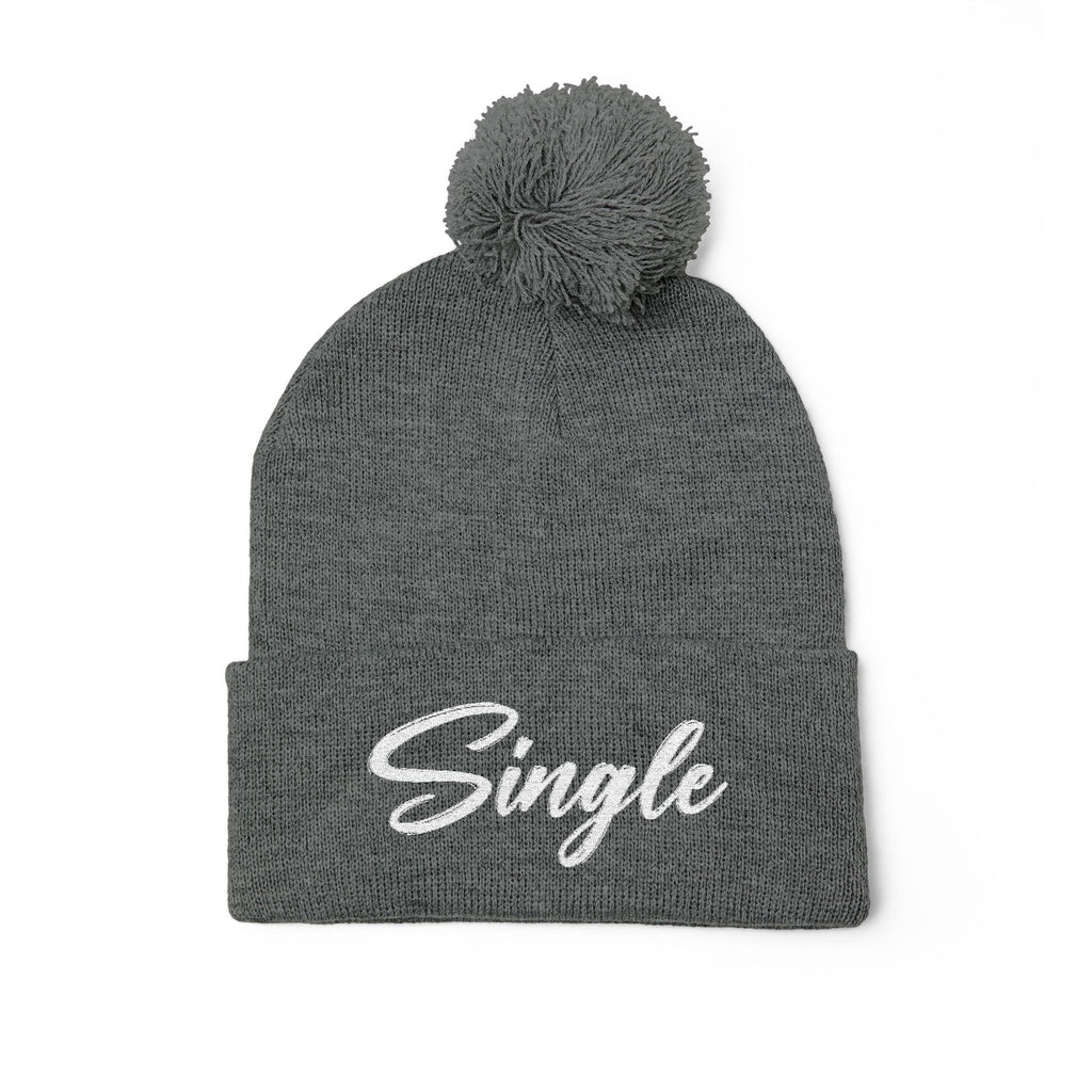 Embroidered Pom-Pom Knit Cap — "Let the World Know You're Single"