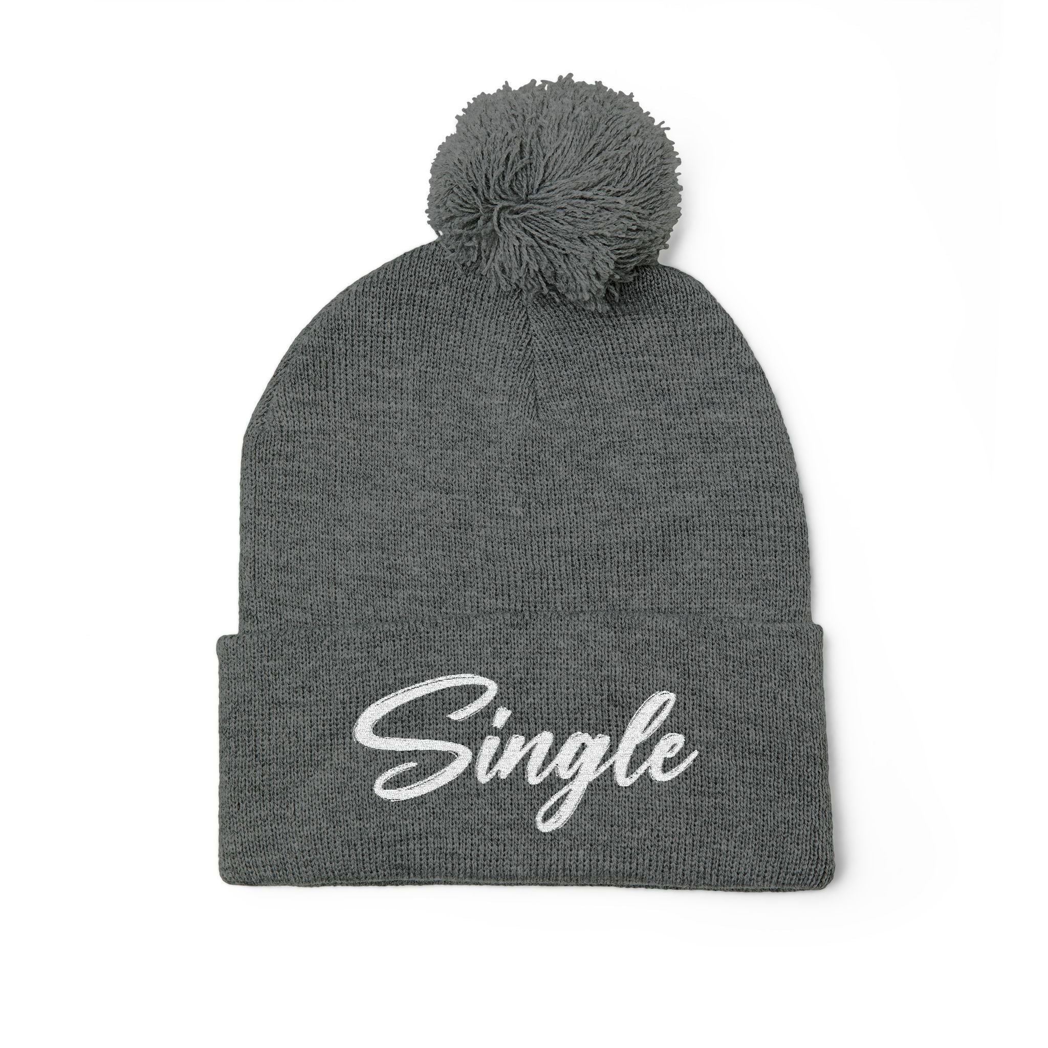 Embroidered Pom-Pom Knit Cap — "Let the World Know You're Single"