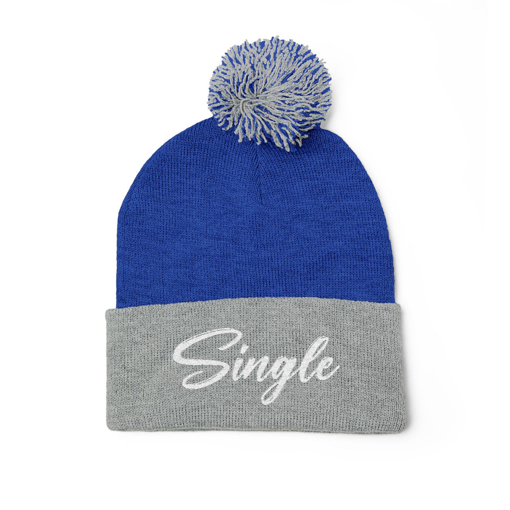 Embroidered Pom-Pom Knit Cap — "Let the World Know You're Single"