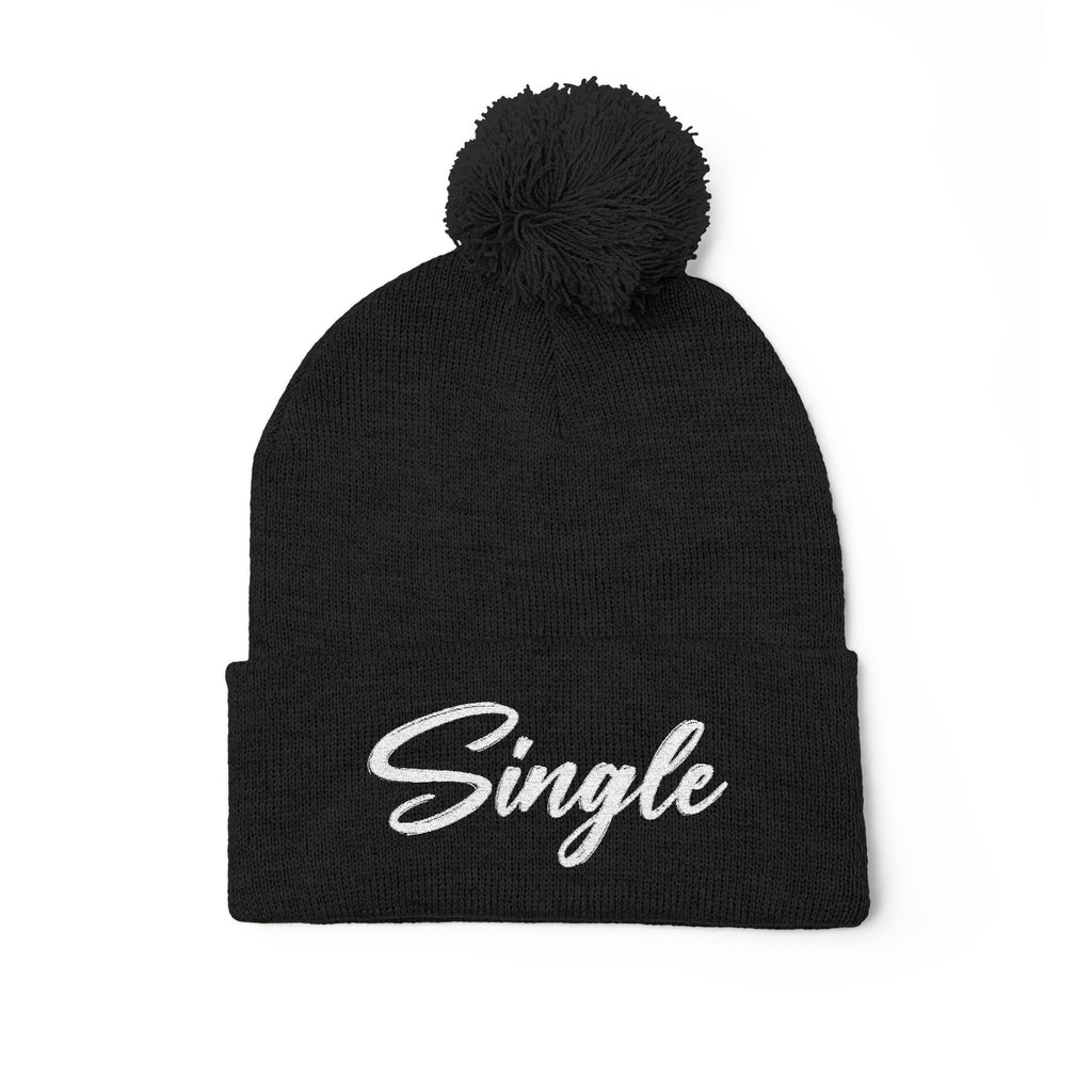 Embroidered Pom-Pom Knit Cap — "Let the World Know You're Single"