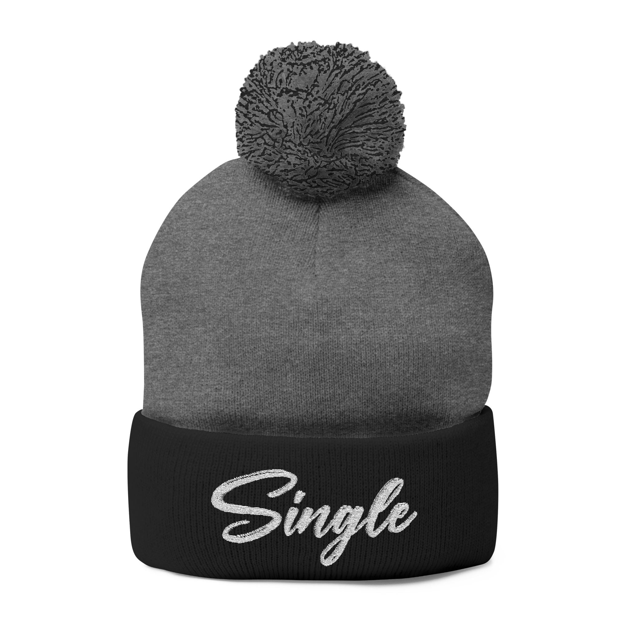 Embroidered Pom-Pom Knit Cap — "Let the World Know You're Single"