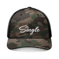 Camouflage Trucker Hat — 'Single and Hunting' Embroidered Cap for Camping & Outdoors