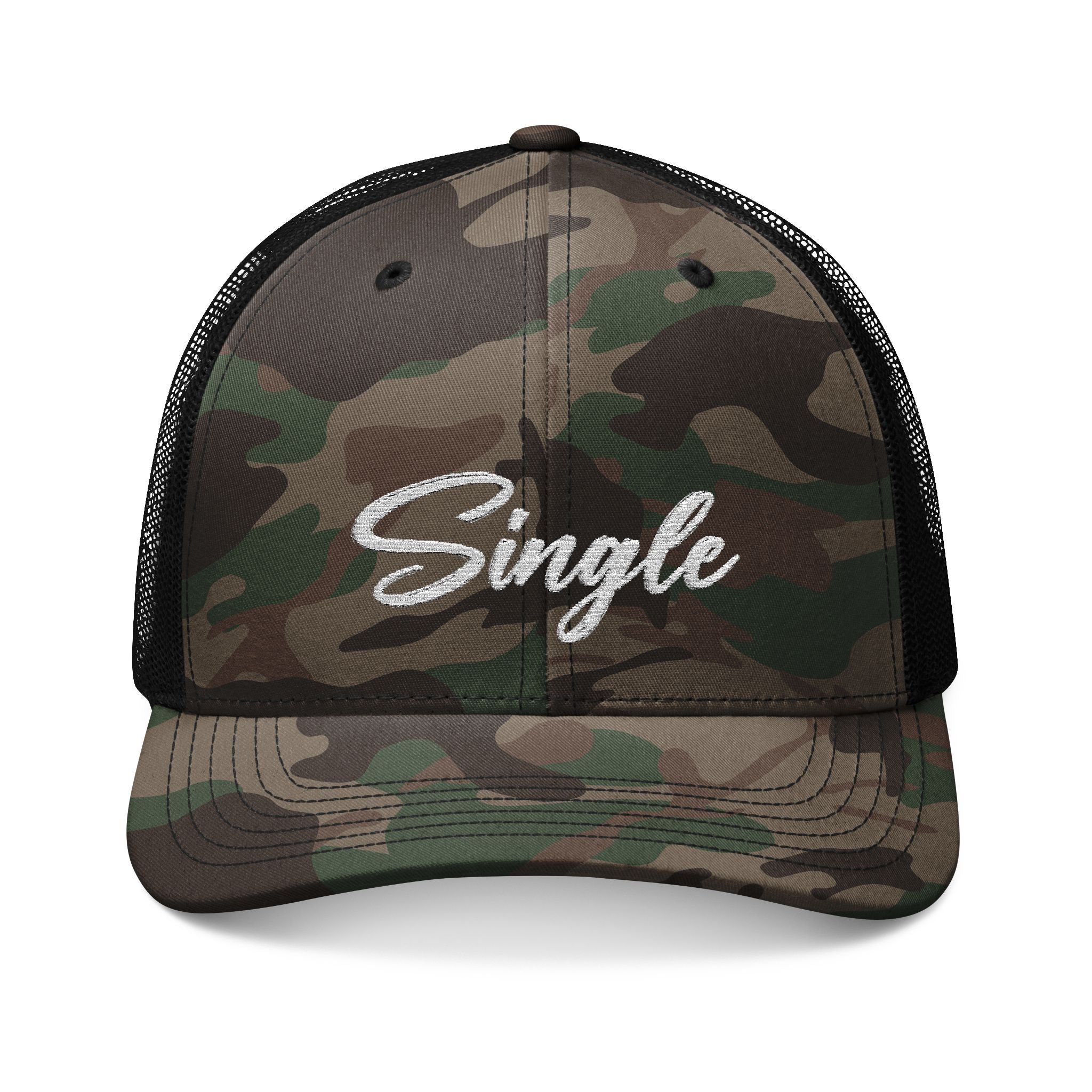 Camouflage Trucker Hat — 'Single and Hunting' Embroidered Cap for Camping & Outdoors