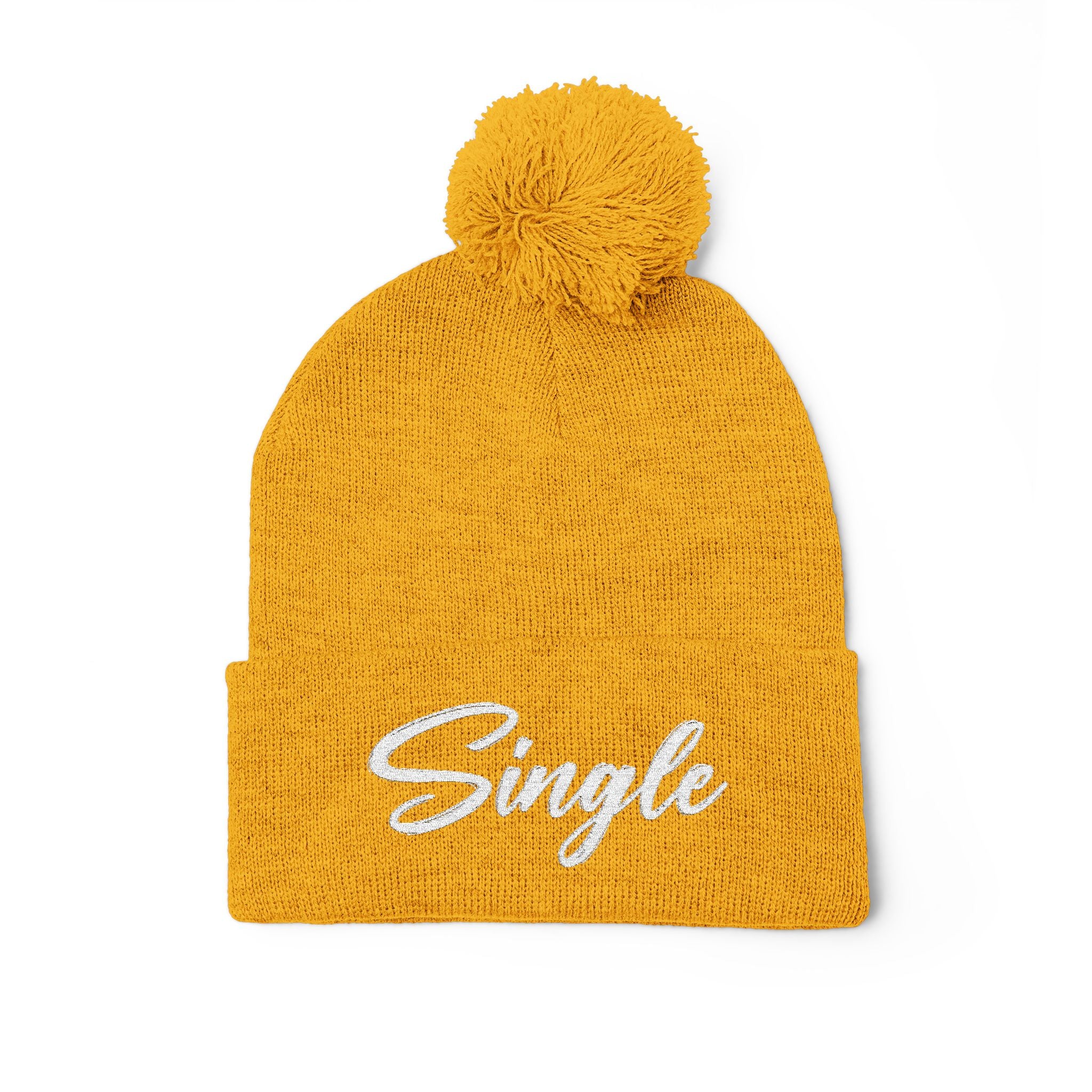 Embroidered Pom-Pom Knit Cap — "Let the World Know You're Single"
