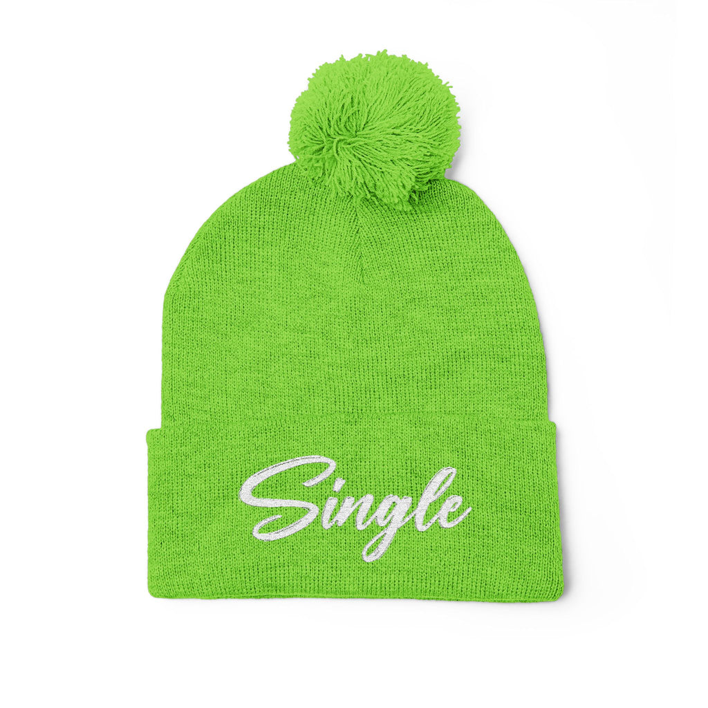 Embroidered Pom-Pom Knit Cap — "Let the World Know You're Single"