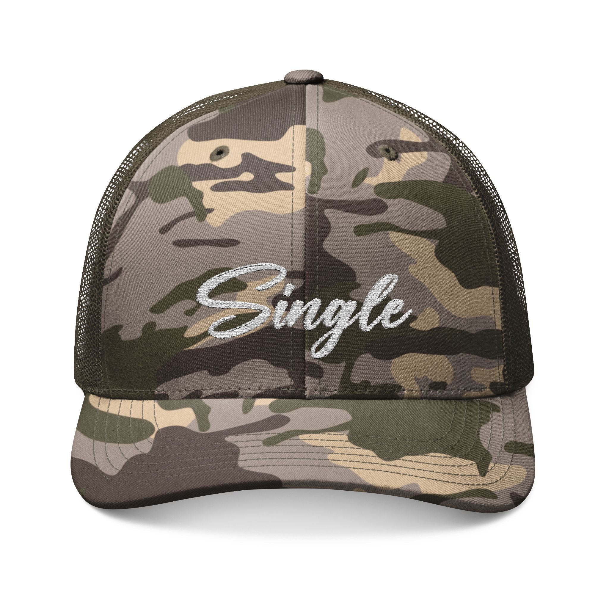 Camouflage Trucker Hat — 'Single and Hunting' Embroidered Cap for Camping & Outdoors