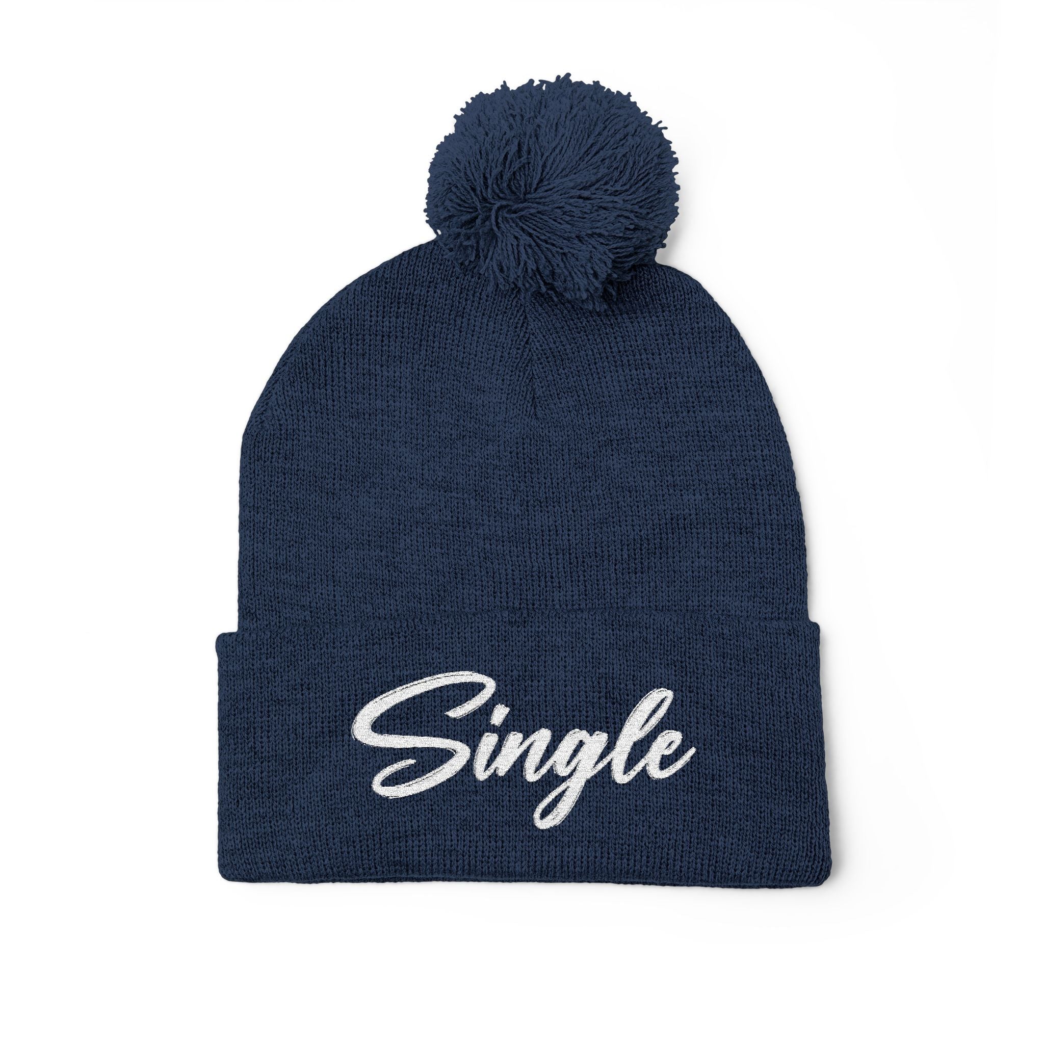 Embroidered Pom-Pom Knit Cap — "Let the World Know You're Single"