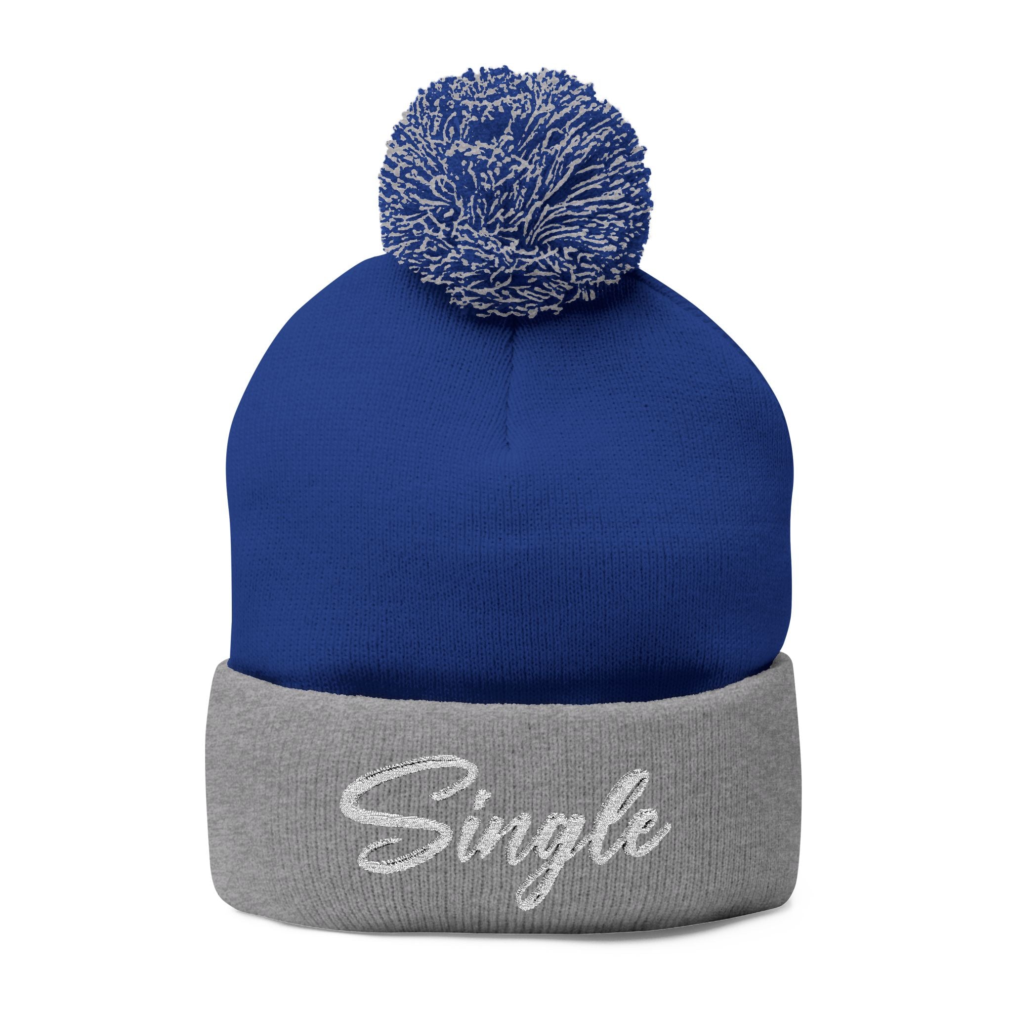 Embroidered Pom-Pom Knit Cap — "Let the World Know You're Single"