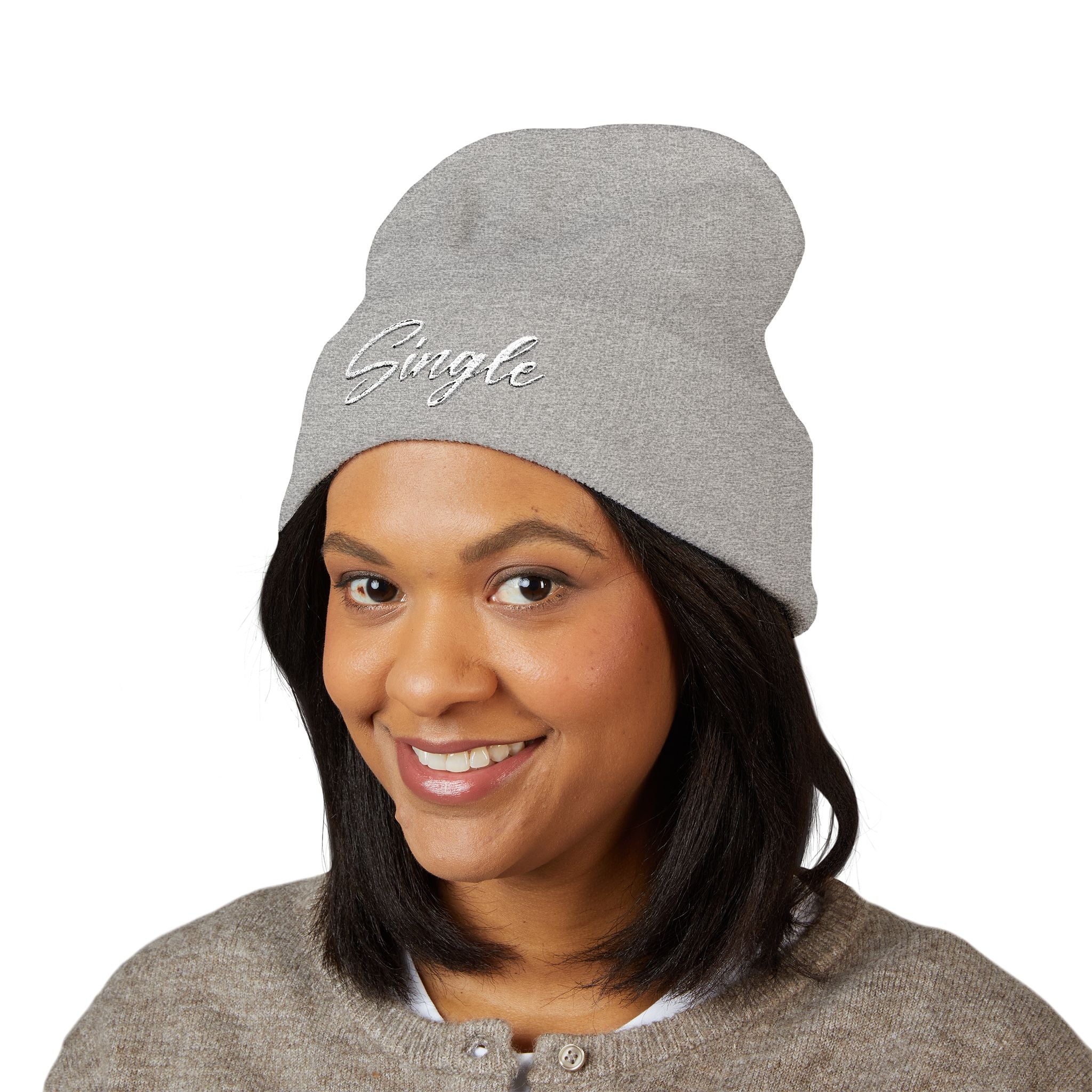 Embroidered Beanie — "Single Even When It's Cold Outside" Knit Cap