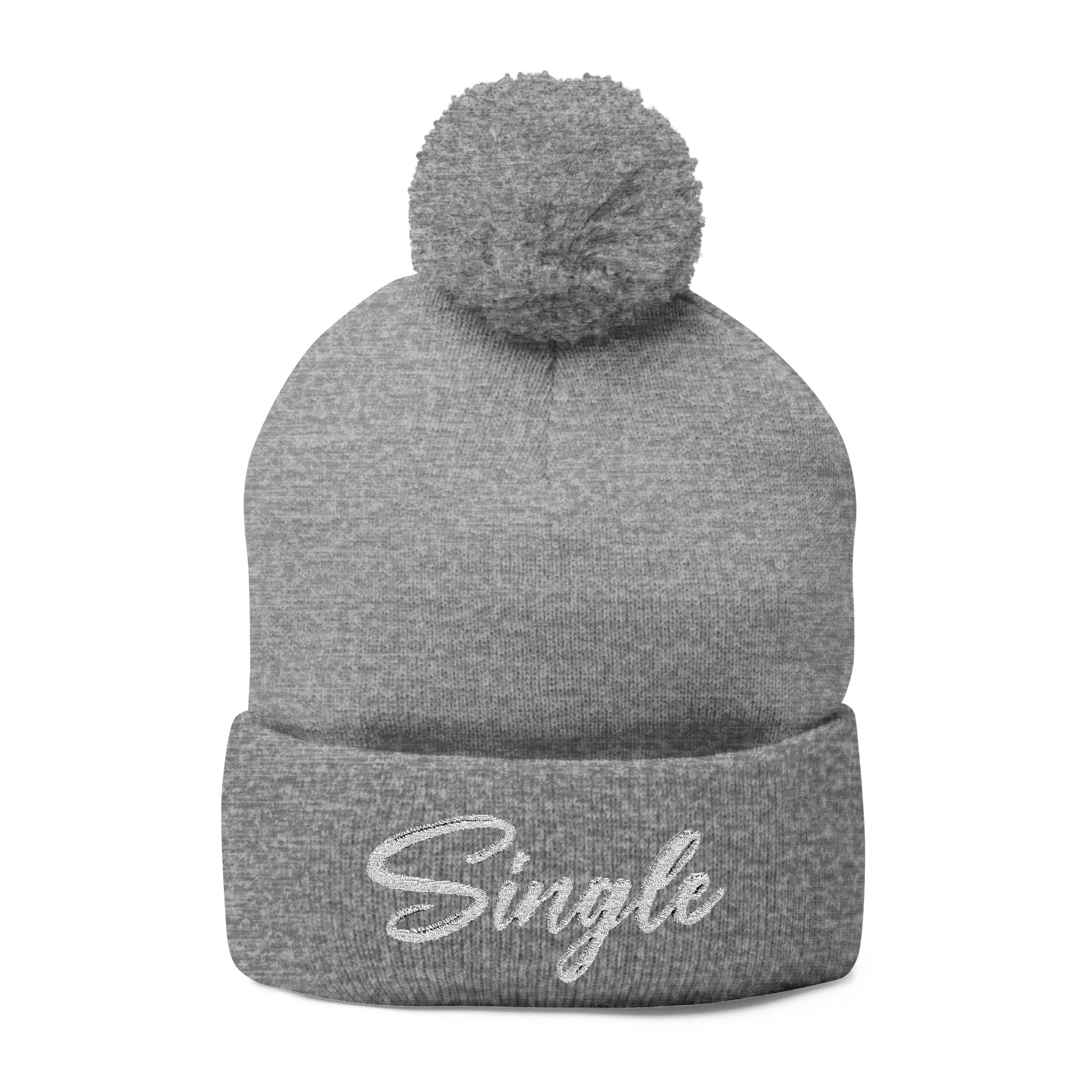 Embroidered Pom-Pom Knit Cap — "Let the World Know You're Single"